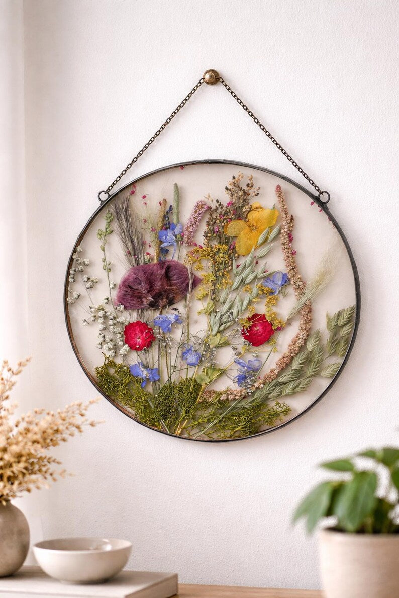 Getrocknete Blumen Glasrahmen Rund 22 cm - Botanische Wandkunst Gepresste Blumen