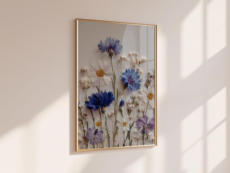 Blumen Druck Wildblumen Wand Kunst Poster Blaues Gänseblümchen Cottagecore Dekor
