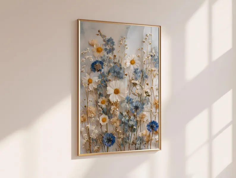 Gepresster Wildblumen Druck | Gänseblümchen Poster | Kornblumen Wiese Wandkunst