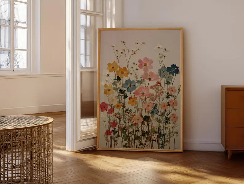 Gepresster Blumen Botanischer Druck | Vintage Wildblumen Wandkunst | Wiesenblumen Poster | Cottagecore Dekor