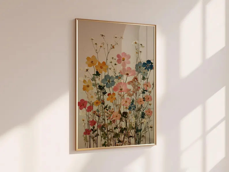 Gepresster Blumen Botanischer Druck | Vintage Wildblumen Wandkunst | Wiesenblumen Poster | Cottagecore Dekor