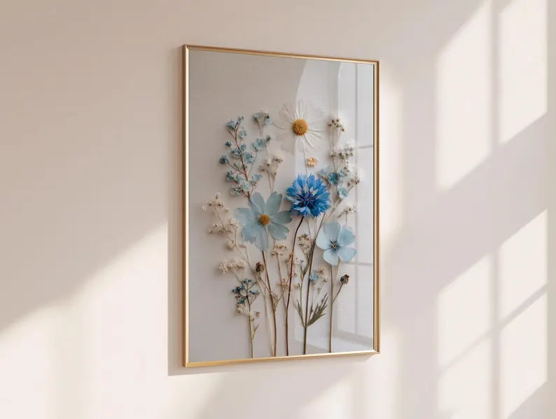 Blaue Wildblumen Kunst Gänseblümchen Poster Cottagecore Dekor Ungerahmt