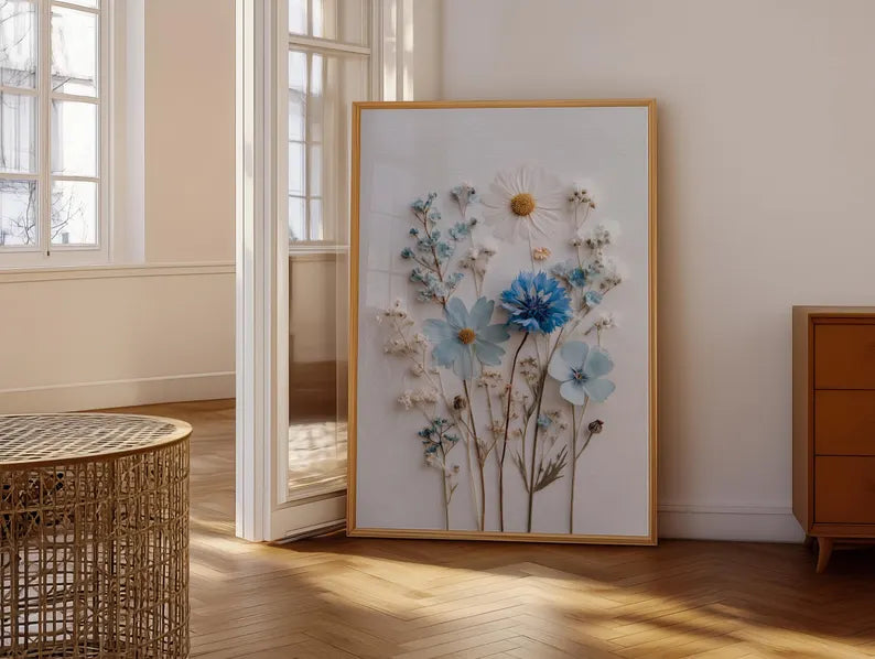Blaue Wildblumen Kunst Gänseblümchen Poster Cottagecore Dekor Ungerahmt