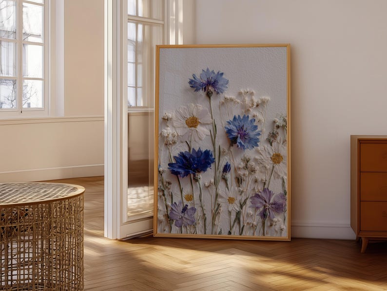 Blumen Druck Wildblumen Wand Kunst Poster Blaues Gänseblümchen Cottagecore Dekor