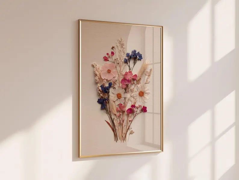 Getrocknete Wildblumen Kunst | Blumen Druck | Rosa Blau Blumendruck
