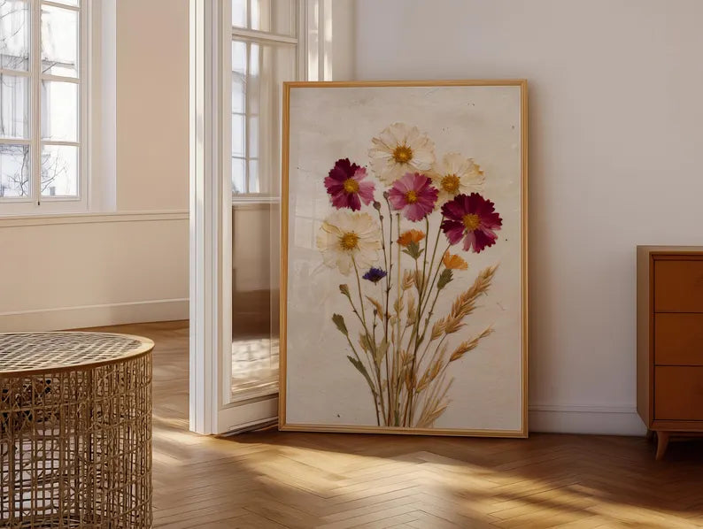 Getrocknete Wildblumen Kunstdruck | Gepresste Blumen Wandkunst | Vintage Cottagecore Dekor