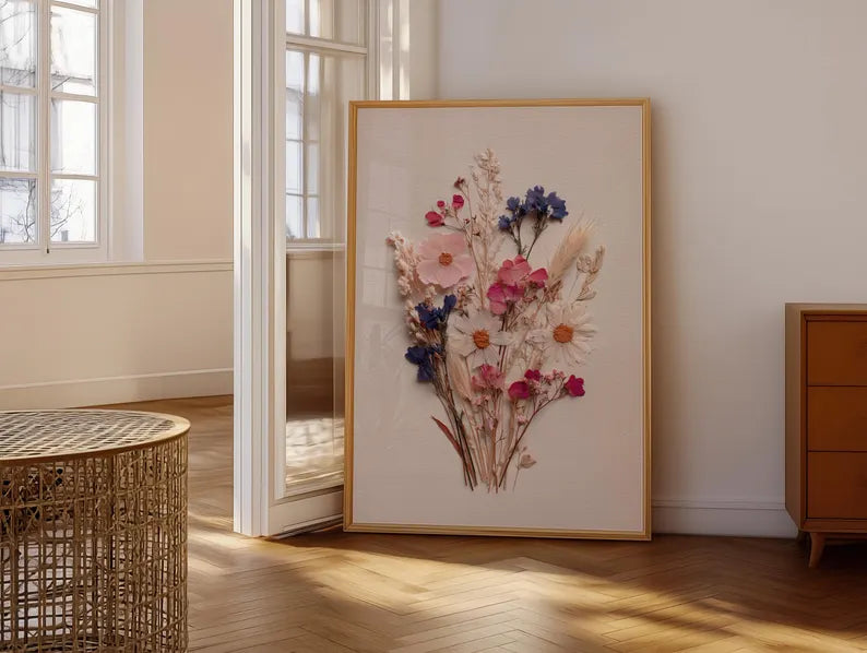Getrocknete Wildblumen Kunst | Blumen Druck | Rosa Blau Blumendruck