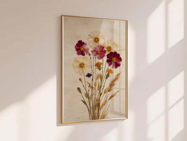 Getrocknete Wildblumen Kunstdruck | Gepresste Blumen Wandkunst | Vintage Cottagecore Dekor